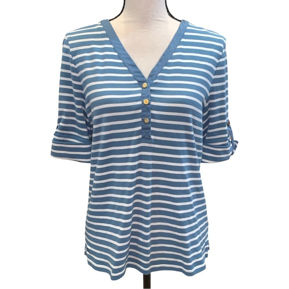 Ralph Lauren Tops - Lauren Ralph Lauren L Blue/White Striped Henley Shirt embroidered logo preppy